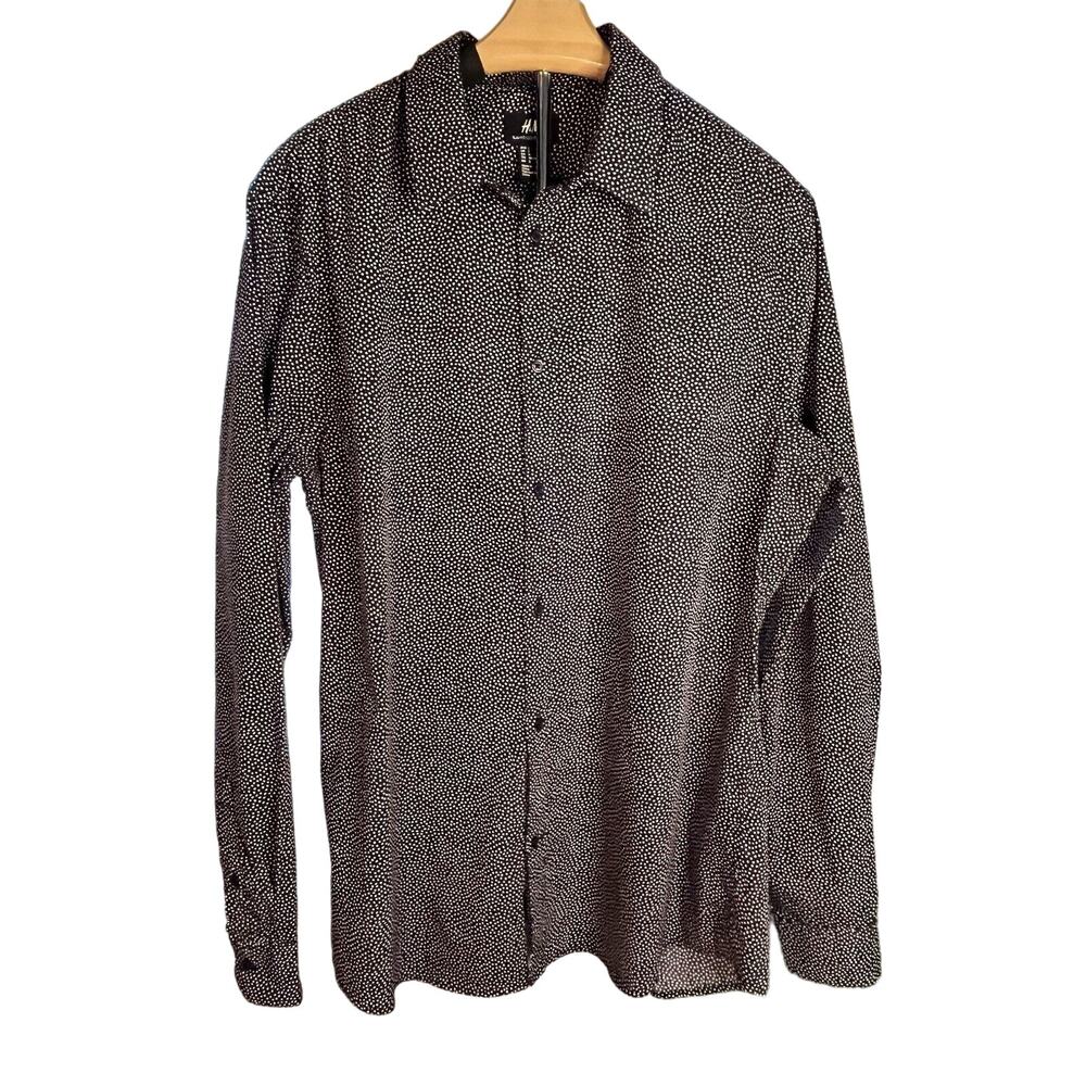 H&M Slim Fit Black White Polka Dot Long Sleeve Button Down Shirt Women's Size L